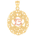10K Gold Tri-Color Diamond-Cut Unisex Mis 15 Anos Heart Oval Quinceanera Charm Pendant