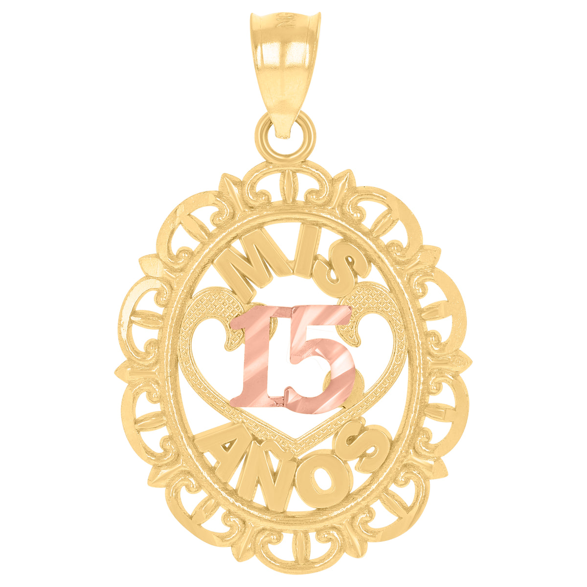 10K Gold Tri-Color Diamond-Cut Unisex Mis 15 Anos Heart Oval Quinceanera Charm Pendant
