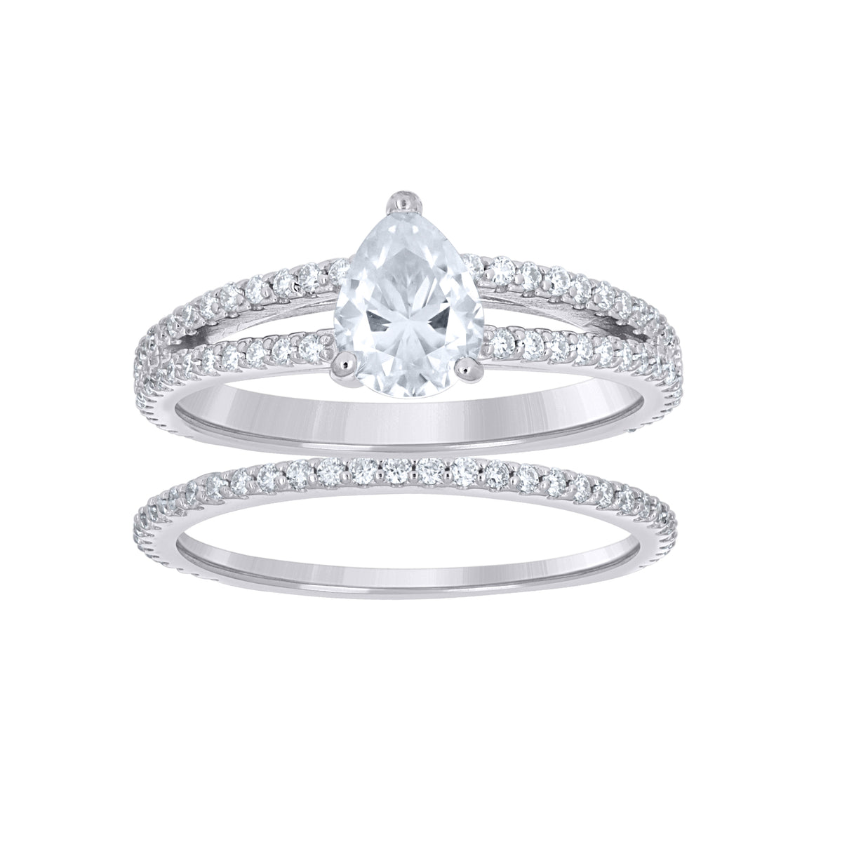 925 Sterling Silver Womens Round Pear Cubic-Zirconia Teardrop Duo Bridal Ring Set