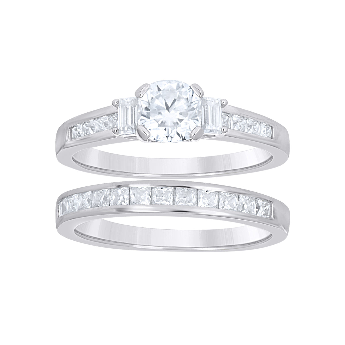 925 Sterling Silver Womens Round Princess-cut/Baguette Cubic-Zirconia Duo Bridal Ring Set