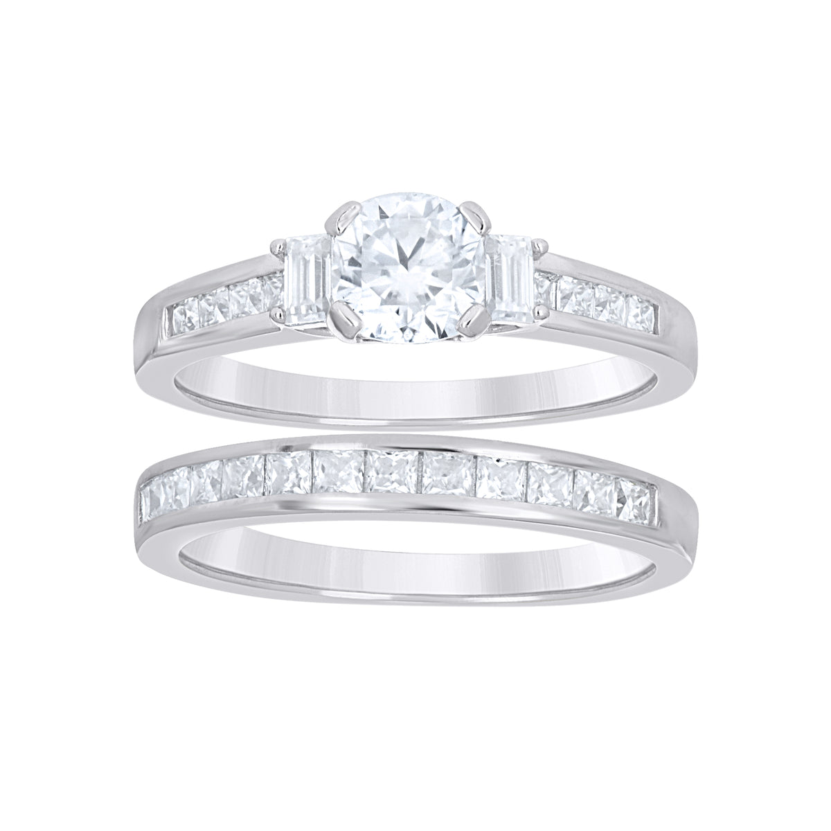 925 Sterling Silver Womens Round Princess-cut/Baguette 0.26ct Moissanite Duo Bridal Ring Set Size 8