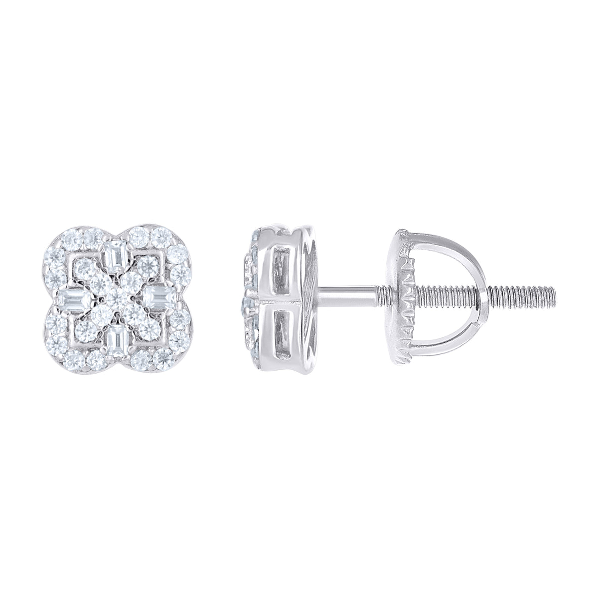 925 Sterling Silver Womens Round Baguette Cubic-Zirconia Clover Good Luck Stud Earrings