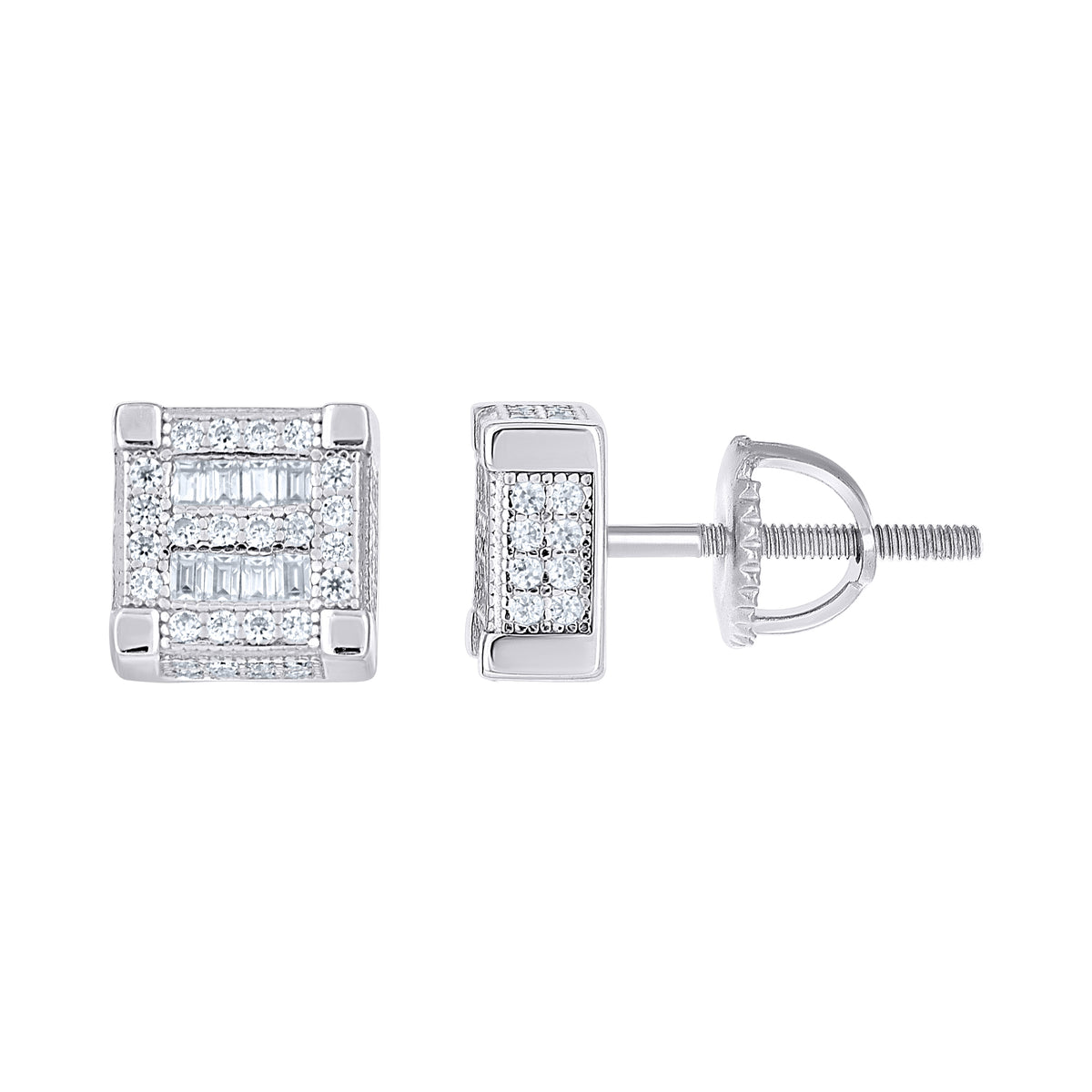 925 Sterling Silver Unisex Round Baguette Cubic-Zirconia Square Fashion Stud Earrings