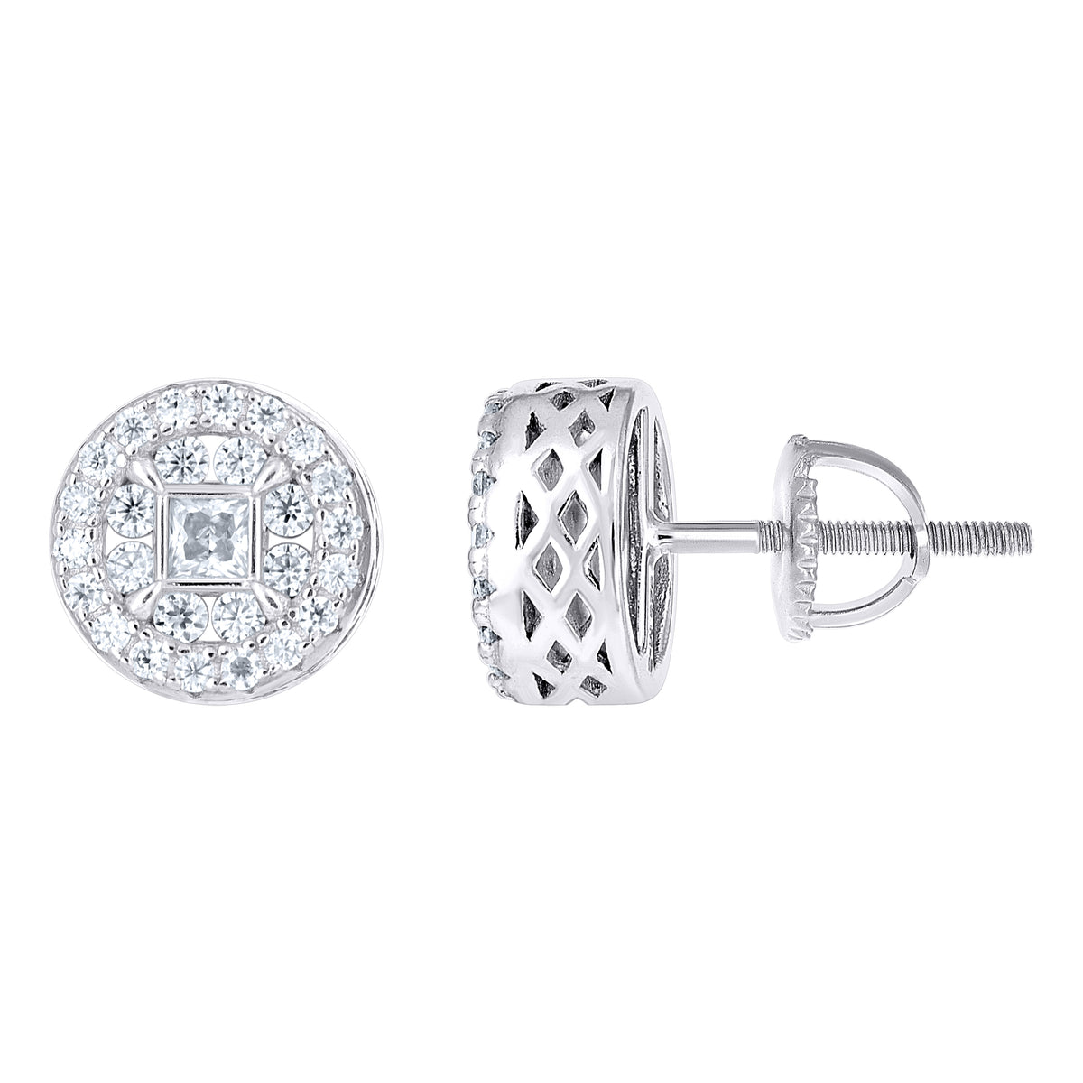 925 Sterling Silver Unisex Round Princess-cut Cubic-Zirconia Round Fashion Stud Earrings