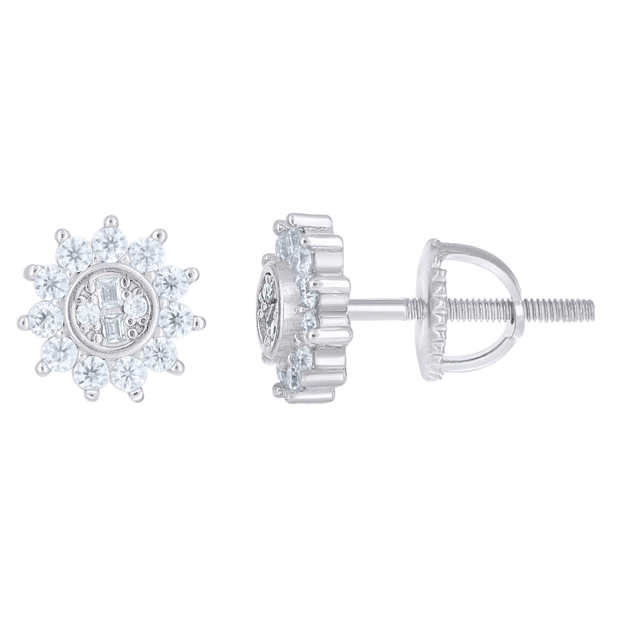 925 Sterling Silver Womens Round Baguette Cubic-Zirconia Sunburst Fashion Stud Earrings