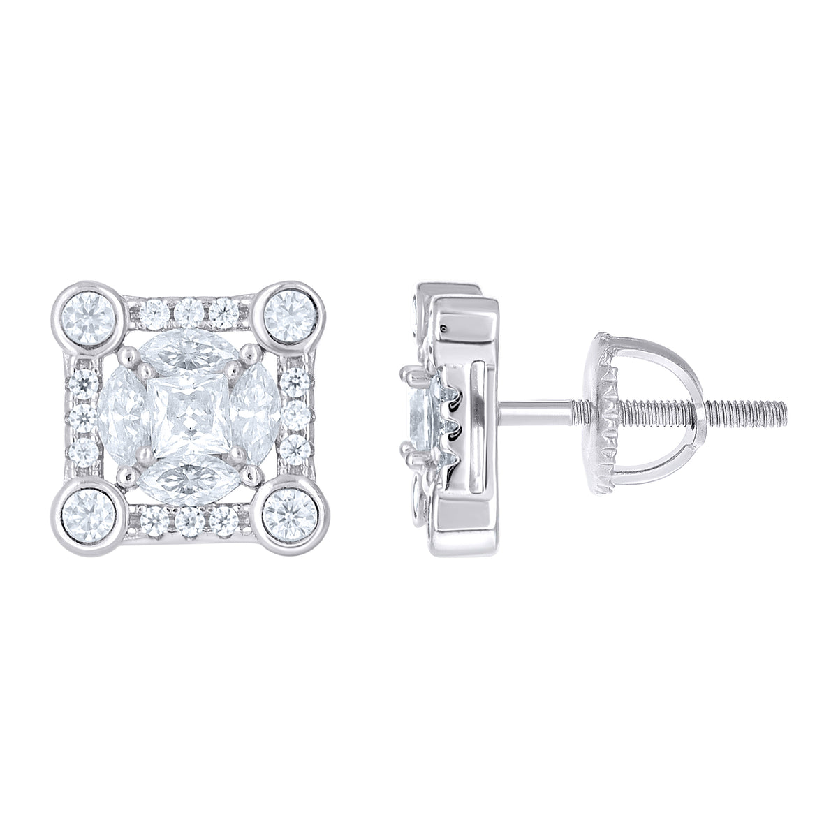 925 Sterling Silver Womens Round Marquise/Princess-cut Cubic-Zirconia Square Fashion Stud Earrings