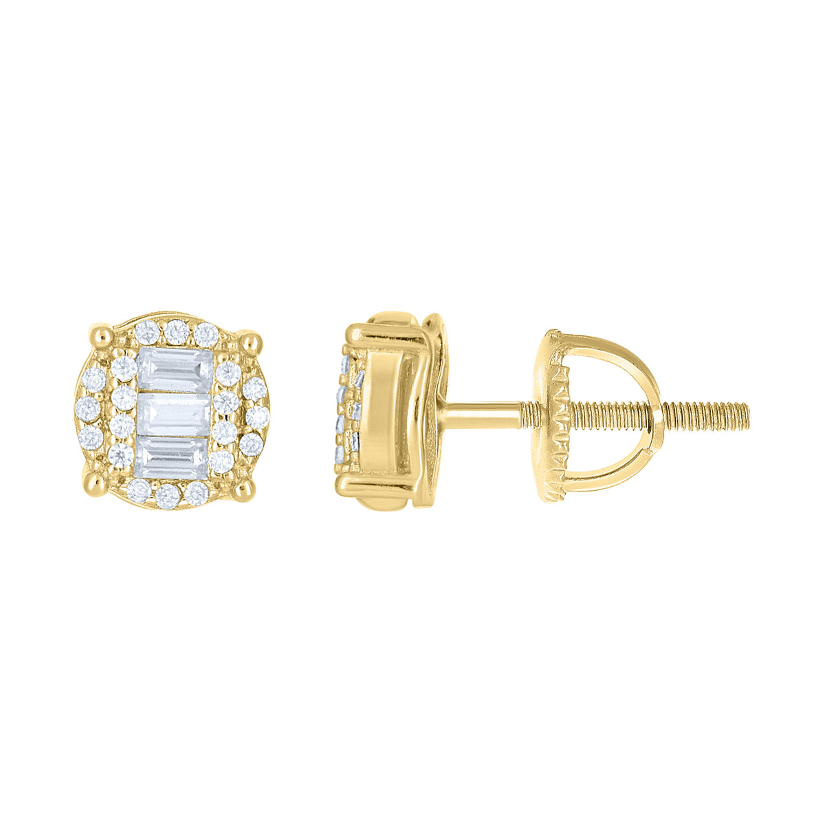 925 Sterling Silver Yellow-tone Unisex Round Baguette Cubic-Zirconia Round Fashion Stud Earrings