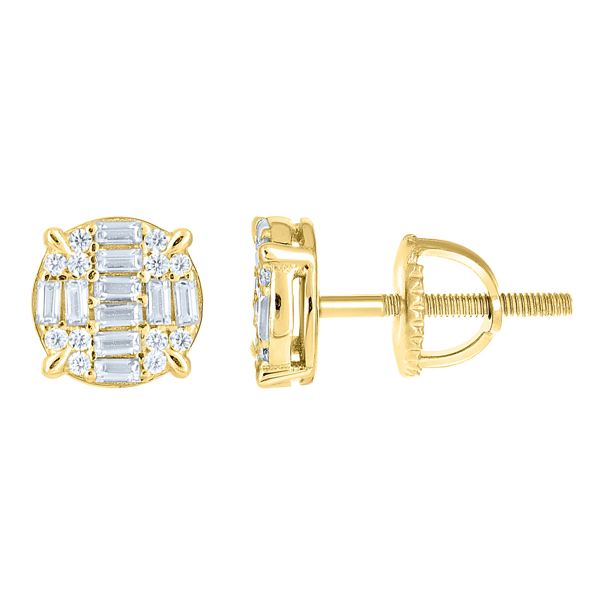 925 Sterling Silver Yellow-tone Unisex Round Baguette Cubic-Zirconia Round Fashion Stud Earrings