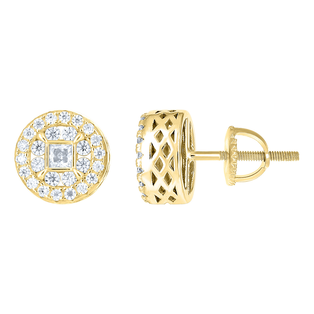 925 Sterling Silver Yellow-tone Unisex Round Princess-cut Cubic-Zirconia Round Fashion Stud Earrings