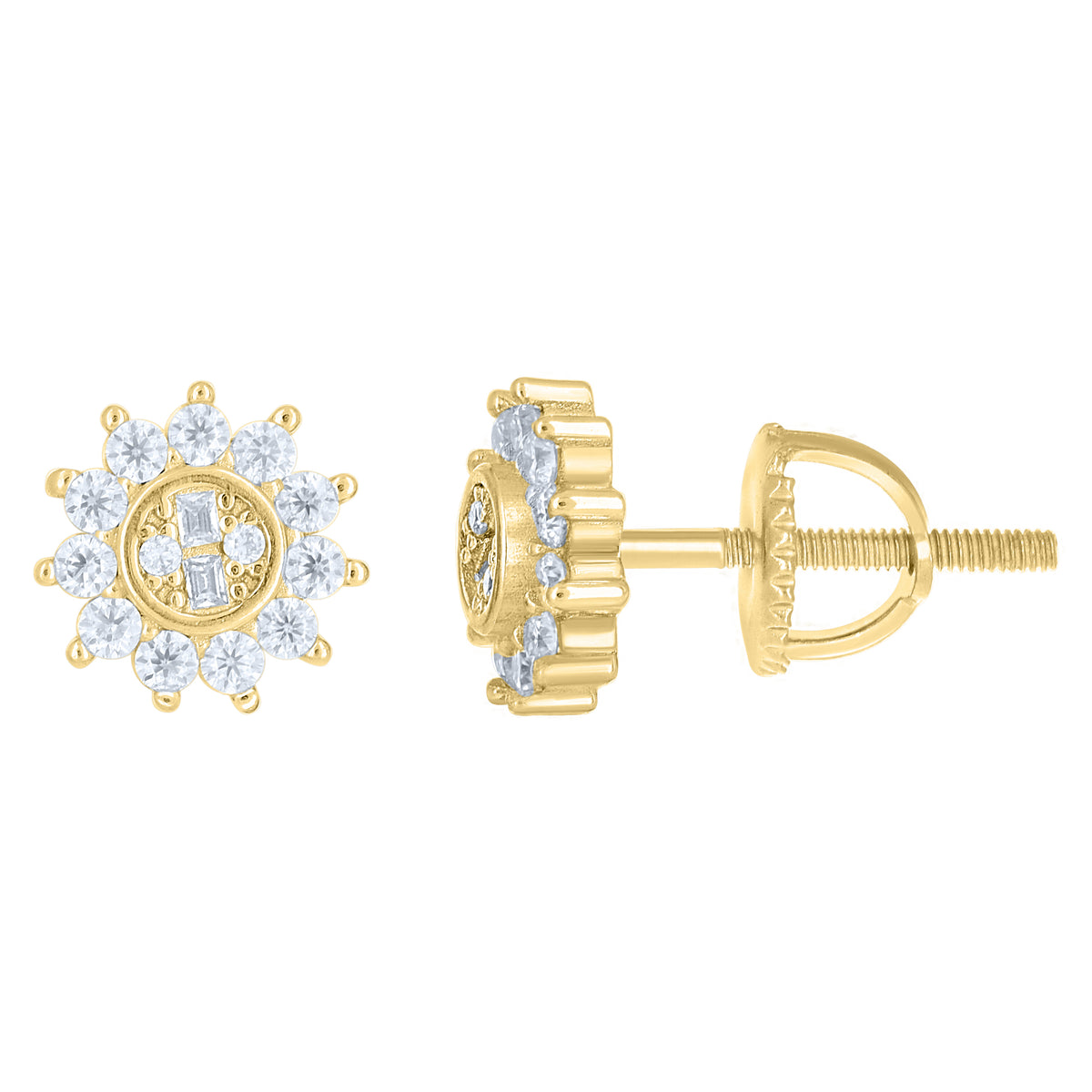 925 Sterling Silver Yellow-tone Womens Round Baguette Cubic-Zirconia Sunburst Fashion Stud Earrings