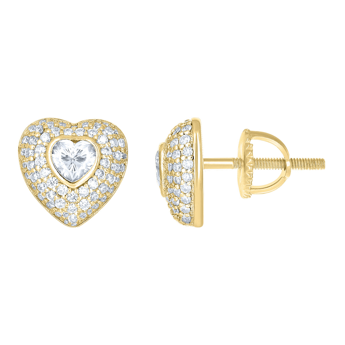 925 Sterling Silver Yellow-tone Womens Round Heart Cubic-Zirconia Heart Stud Earrings