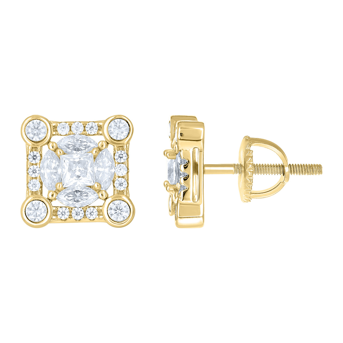 925 Sterling Silver Yellow-tone Womens Round Marquise/Princess-cut Cubic-Zirconia Square Fashion Stud Earrings