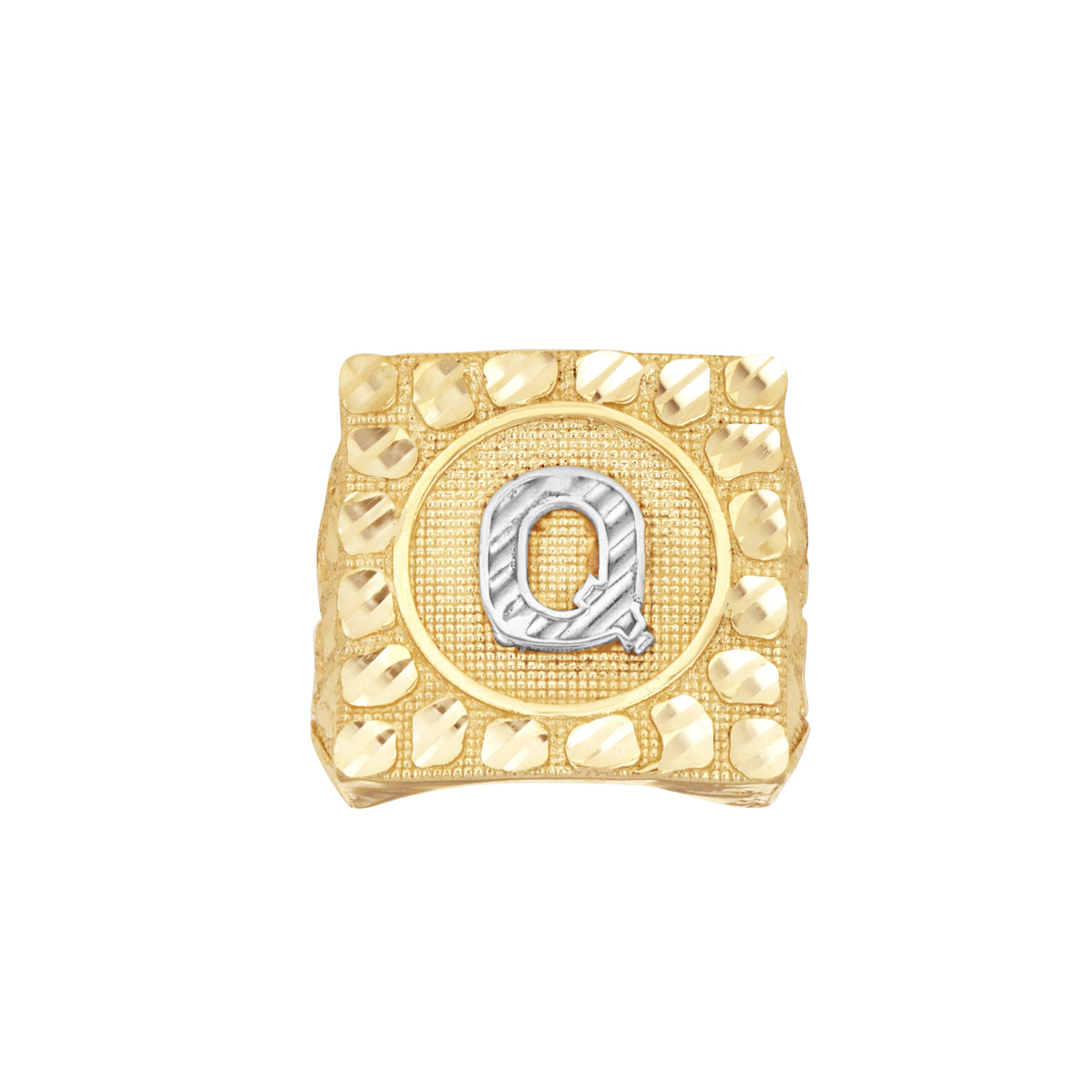 10K Two-Tone Gold Unisex Initial Alphabet Q Nugget Ring