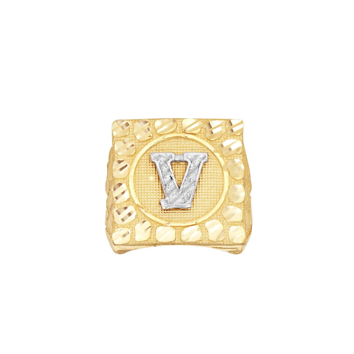 10K Two-Tone Gold Unisex Initial Alphabet V Nugget Ring