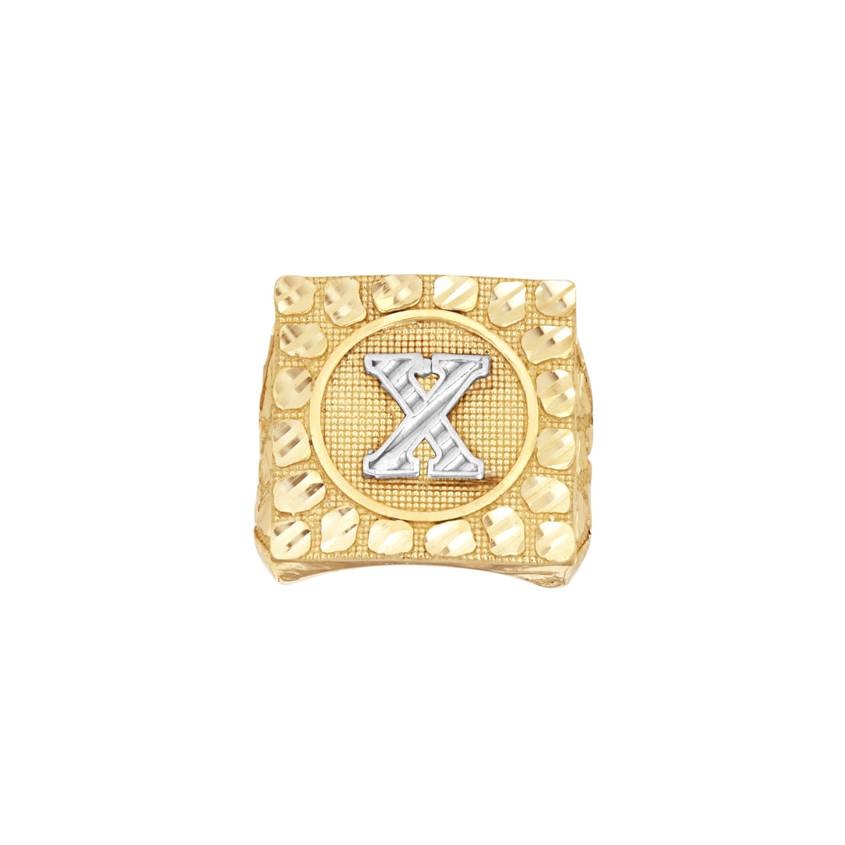 10K Two-Tone Gold Unisex Initial Alphabet X Nugget Ring