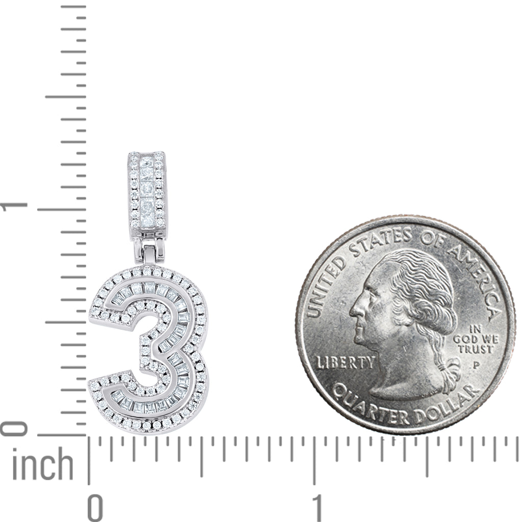 925 Sterling Silver Round Baguette 0.40ct, 0.51ct Moissanite Initial Number 3 Charm Pendant