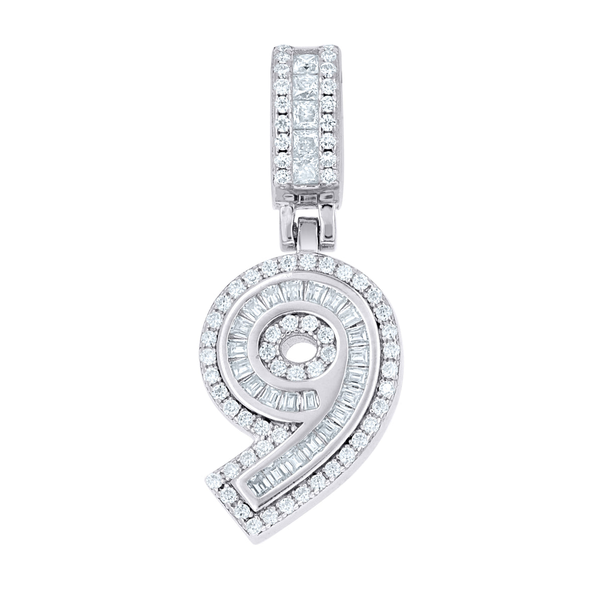 925 Sterling Silver Round Baguette 0.35ct, 0.57ct Moissanite Initial Number 9 Charm Pendant