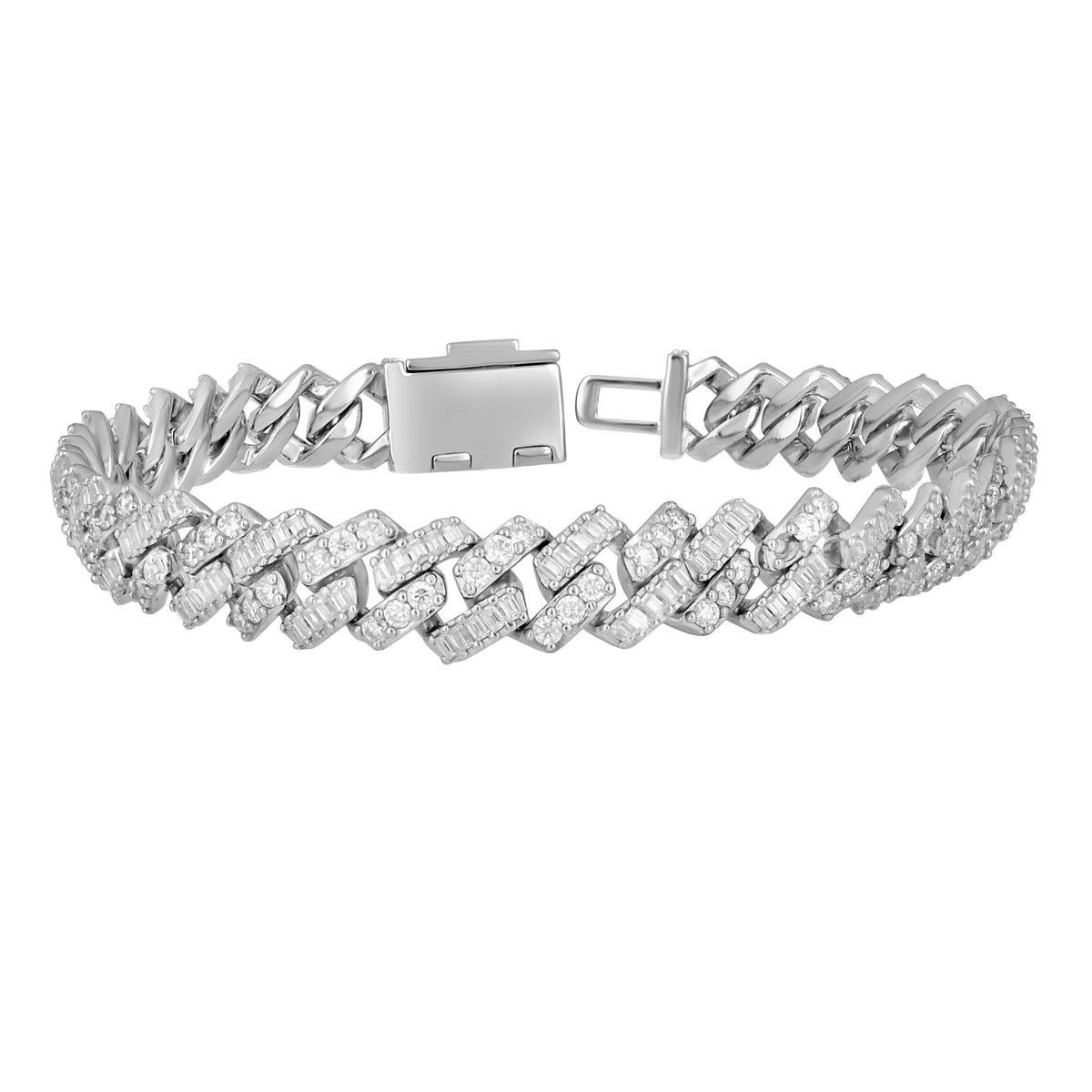 925 Sterling Silver Unisex Baguette Round 11.42ct, 11.87ct Moissanite Cuban Chain Necklace 8mm 24 Inches