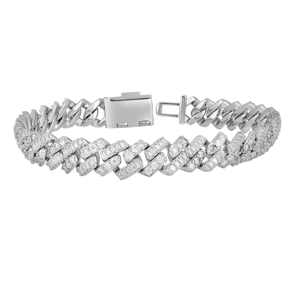 925 Sterling Silver Unisex Baguette Round Moissanite Cuban Chain Bracelet 8mm