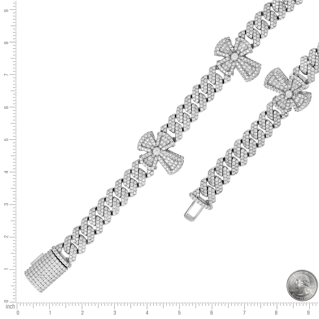 925 Sterling Silver Mens Baguette Round Moissanite Cross Religious Charm Cuban Bracelet