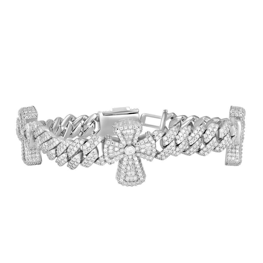 925 Sterling Silver Mens Baguette Round 9.72ct, 1.50ct Moissanite Cross Religious Charm Cuban Bracelet 9 Inches