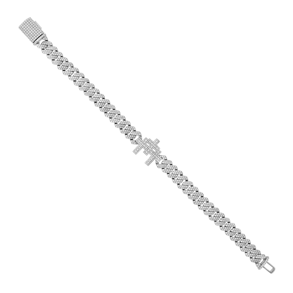 925 Sterling Silver Unisex Baguette Round 7.63ct, 0.51ct Moissanite Triple Cross Religious Charm Cuban Bracelet 8 Inches