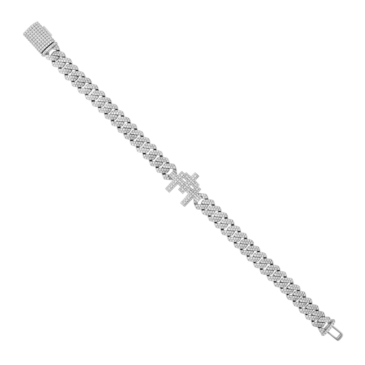 925 Sterling Silver Unisex Baguette Round 7.63ct, 0.51ct Moissanite Triple Cross Religious Charm Cuban Bracelet 8 Inches