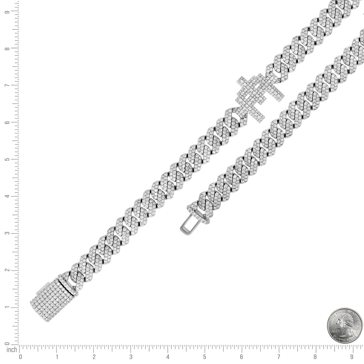 925 Sterling Silver Unisex Baguette Round Moissanite Triple Cross Religious Charm Cuban Bracelet