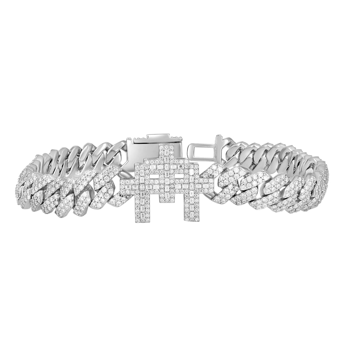 925 Sterling Silver Unisex Baguette Round Moissanite Triple Cross Religious Charm Cuban Bracelet