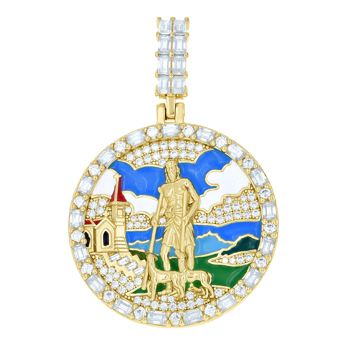 925 Sterling Silver Yellow-tone Mens 1.27ct, 2.56ct Moissanite St. Lazarus Enameled Religious Pendant