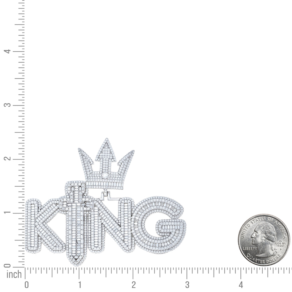 925 Sterling Silver Mens Round Baguette 5.15ct, 6.91ct Moissanite Crowned KING Talking Fashion Pendant