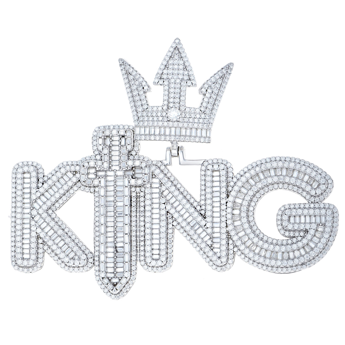 925 Sterling Silver Mens Round Baguette 5.15ct, 6.91ct Moissanite Crowned KING Talking Fashion Pendant