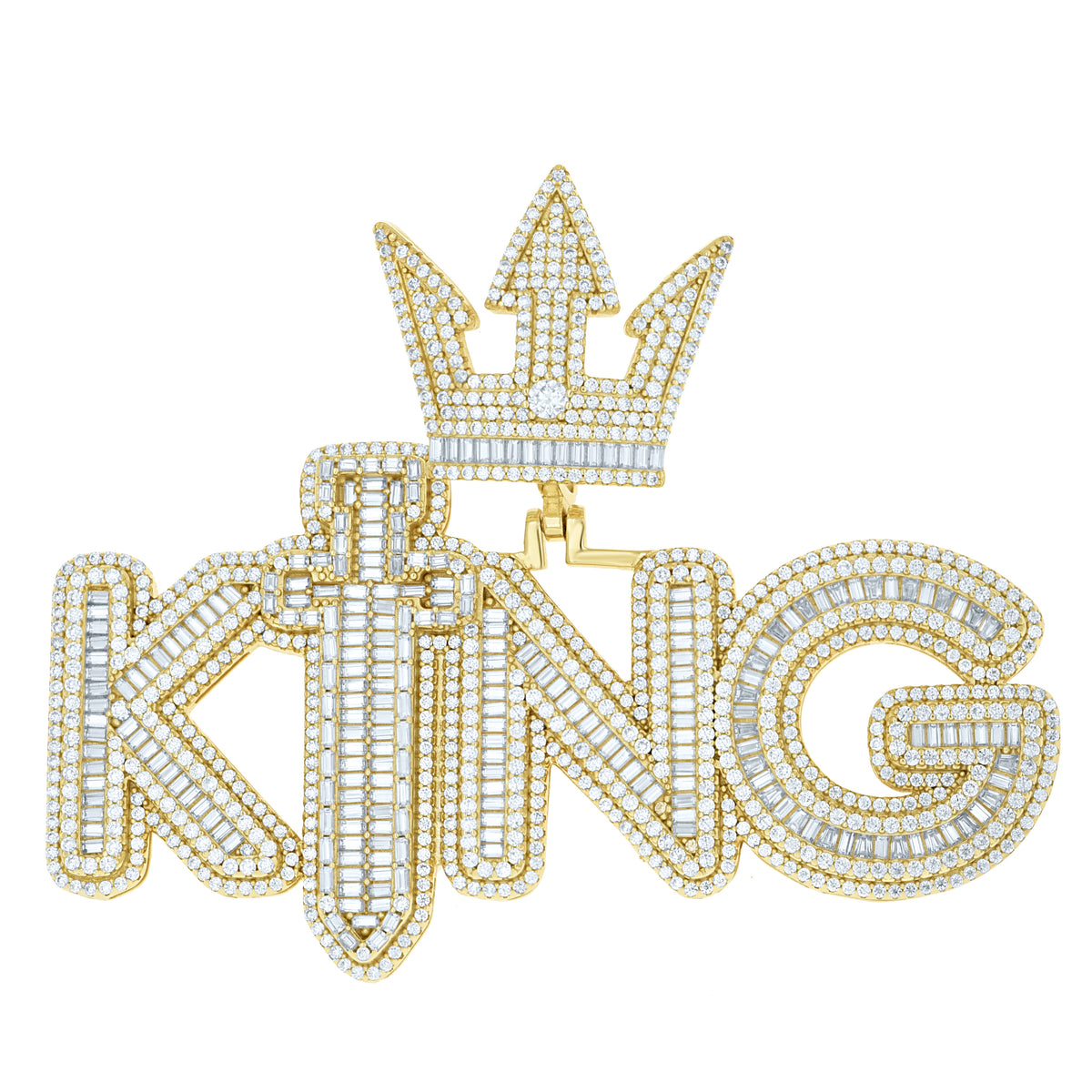 925 Sterling Silver Yellow-tone Mens 5.15ct, 6.91ct Moissanite Crowned KING Talking Fashion Pendant