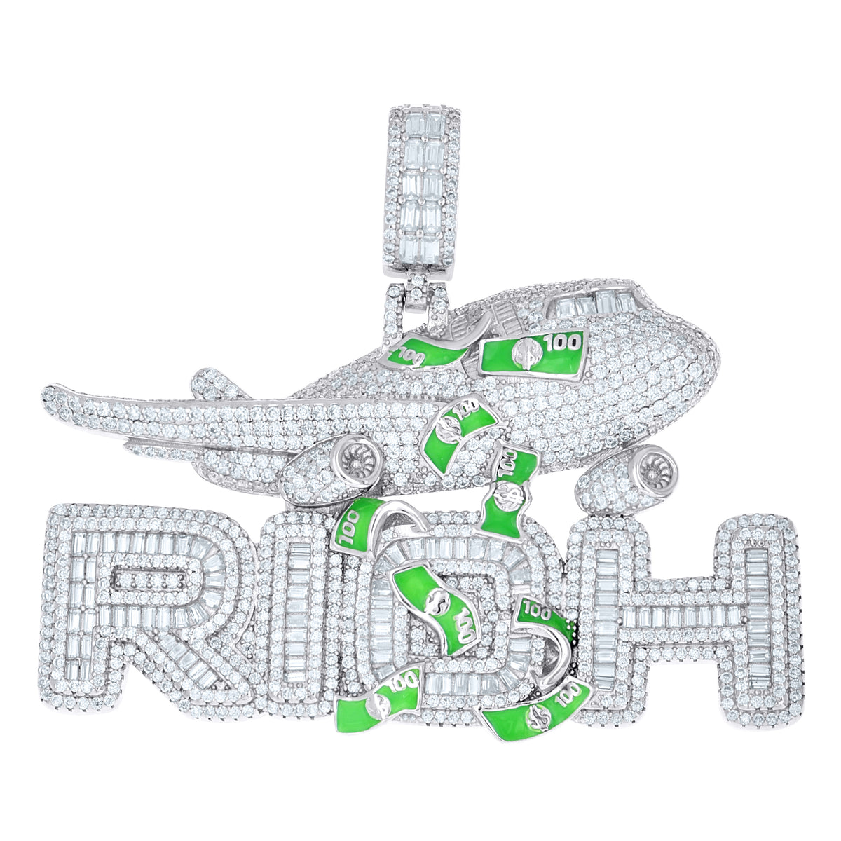 925 Sterling Silver Mens 5.40ct, 3.80ct Moissanite Money Airplane Enameled Fashion Pendant