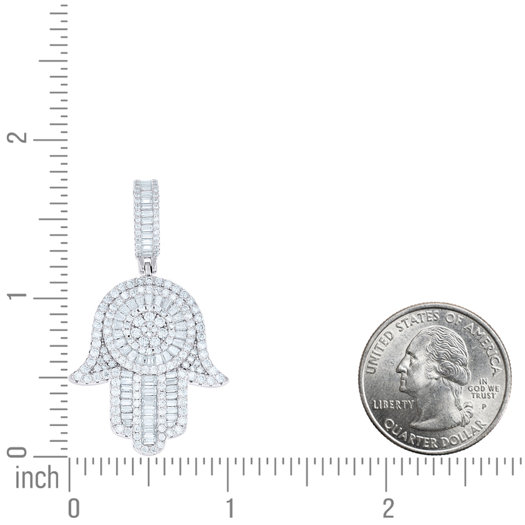 925 Sterling Silver Mens Round Baguette 1.87ct, 1.898ct Moissanite Hamsa Symbol Religious Pendant