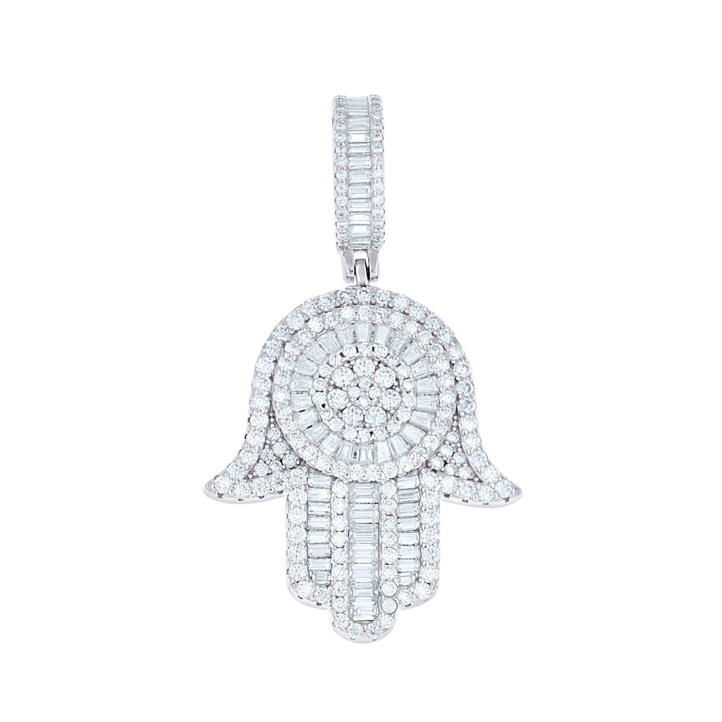 925 Sterling Silver Mens Round Baguette 1.87ct, 1.898ct Moissanite Hamsa Symbol Religious Pendant