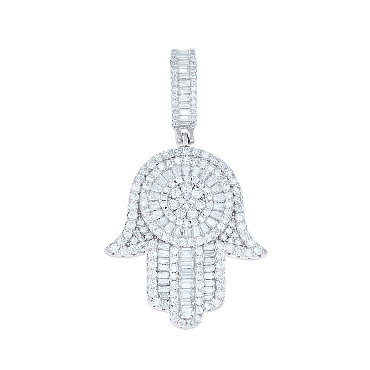 925 Sterling Silver Mens Round Baguette 1.87ct, 1.898ct Moissanite Hamsa Symbol Religious Pendant