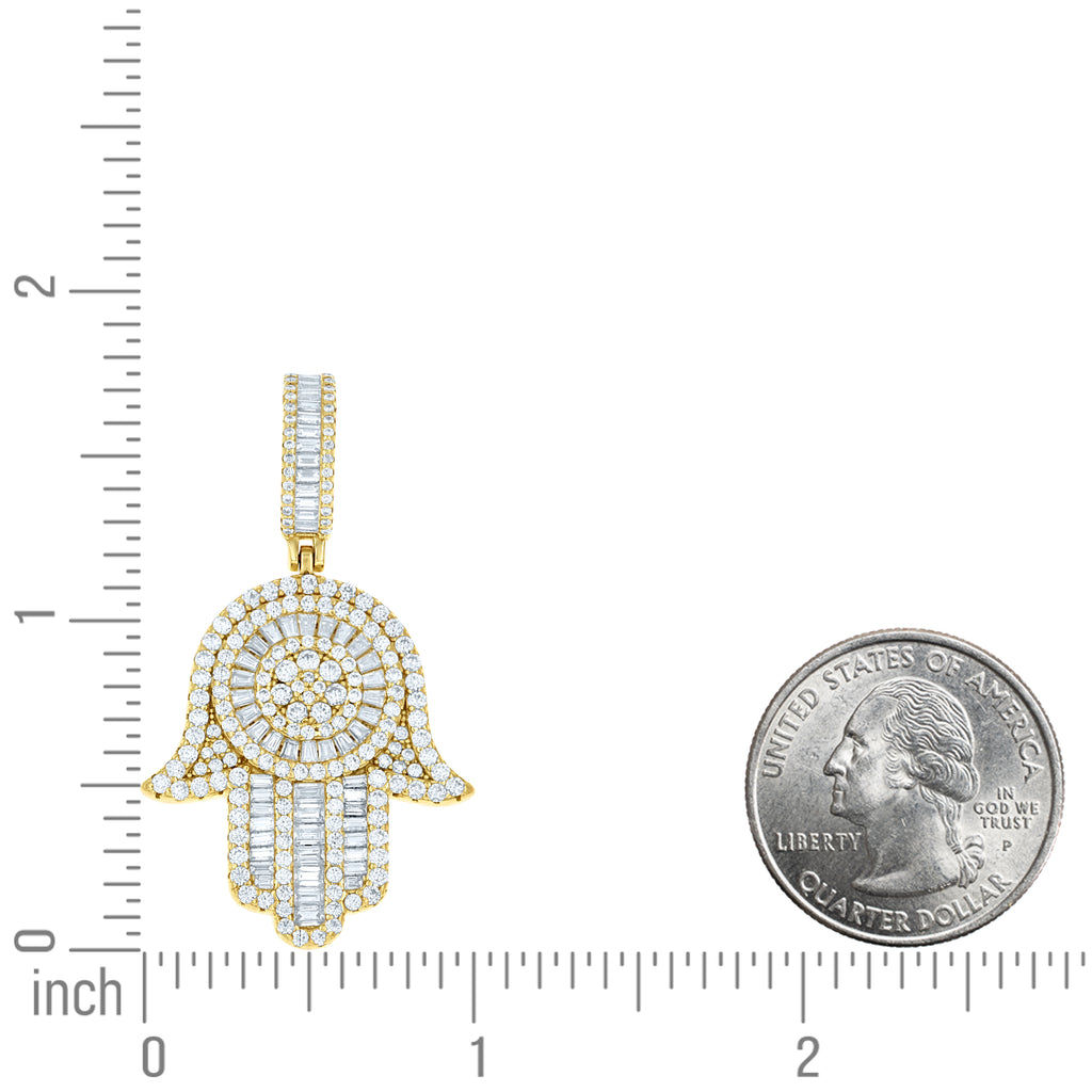 925 Sterling Silver Yellow-tone Mens Round Baguette 1.87ct, 1.98ct Moissanite Hamsa Symbol Religious Pendant