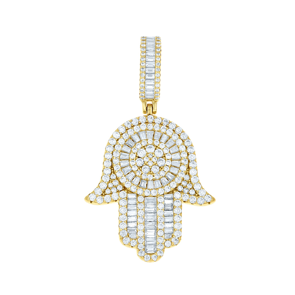 925 Sterling Silver Yellow-tone Mens Round Baguette 1.87ct, 1.98ct Moissanite Hamsa Symbol Religious Pendant