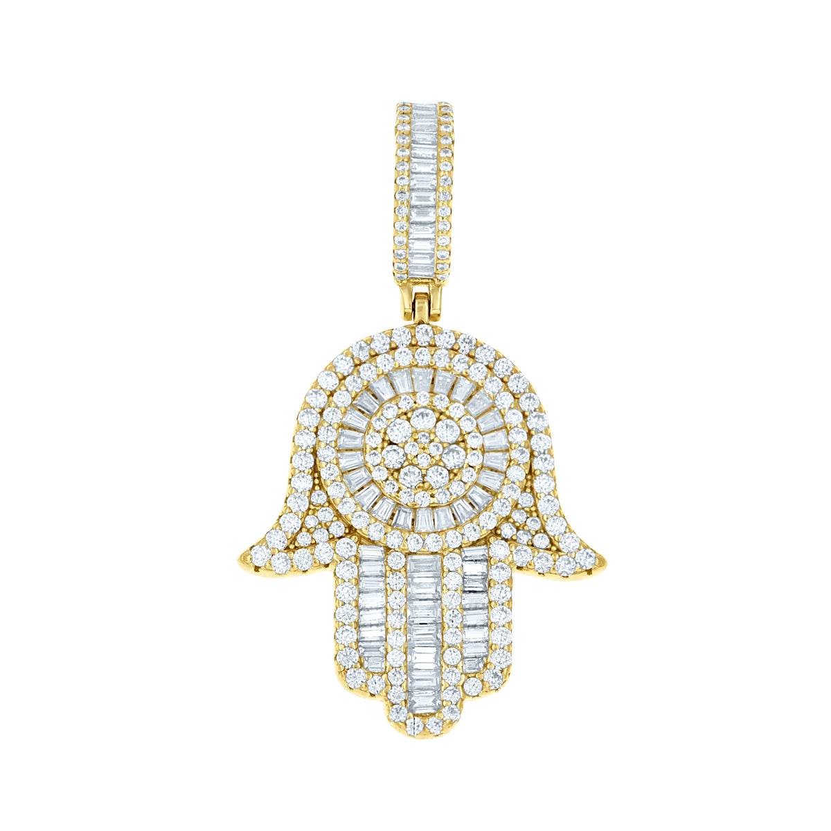 925 Sterling Silver Yellow-tone Mens Round Baguette 1.87ct, 1.98ct Moissanite Hamsa Symbol Religious Pendant