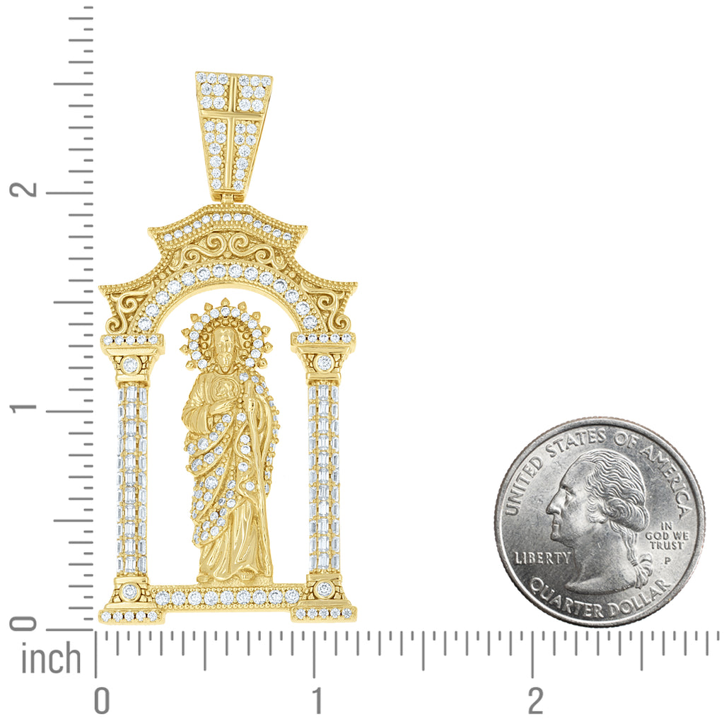 925 Sterling Silver Yellow-tone Mens Round Baguette 2.12ct, 2.04ct Moissanite St. Jude Religious Pendant