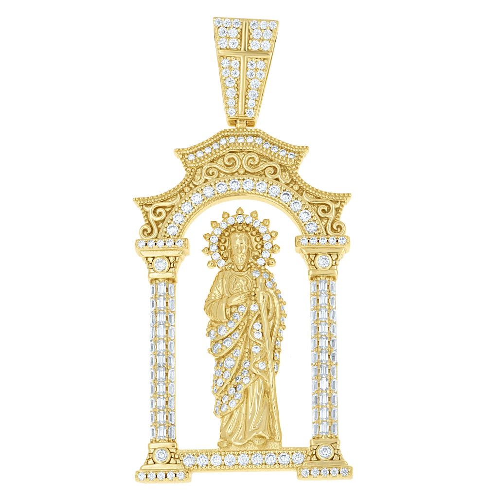 925 Sterling Silver Yellow-tone Mens Round Baguette 2.12ct, 2.04ct Moissanite St. Jude Religious Pendant