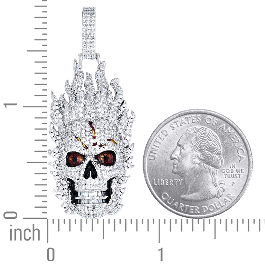 925 Sterling Silver Mens Baguette Round 2.31ct, 0.30ct Moissanite Enameled Fire Skull Fashion Charm Pendant
