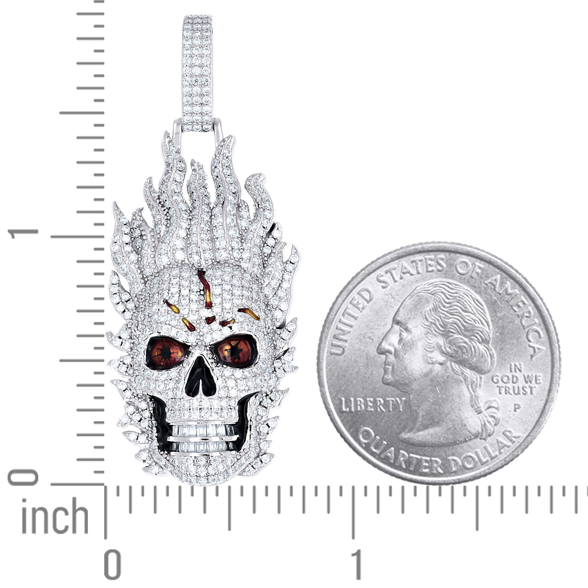 925 Sterling Silver Mens Baguette Round 2.31ct, 0.30ct Moissanite Enameled Fire Skull Fashion Charm Pendant