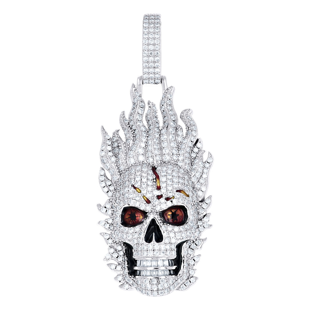 925 Sterling Silver Mens Baguette Round 2.31ct, 0.30ct Moissanite Enameled Fire Skull Fashion Charm Pendant