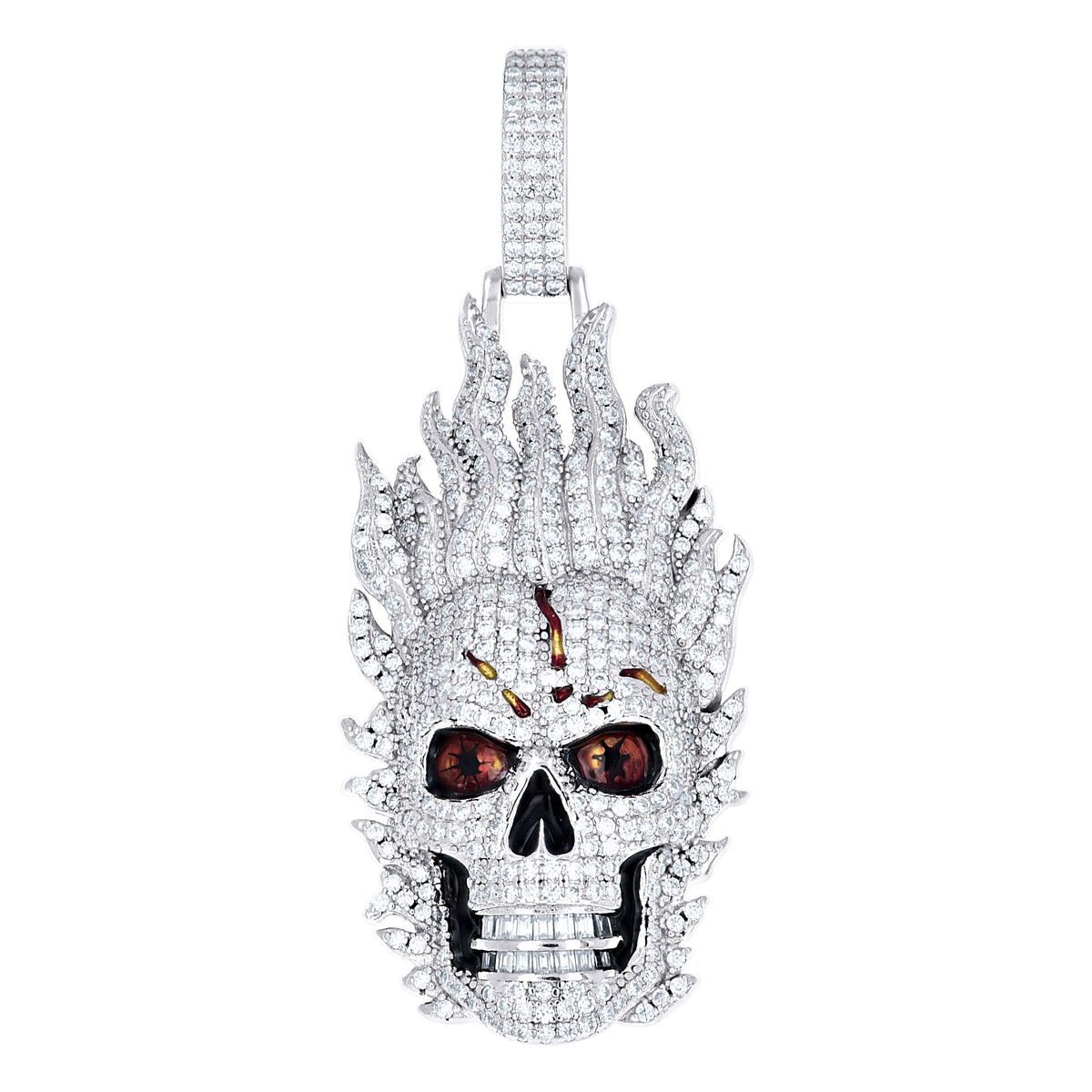 925 Sterling Silver Mens Baguette Round 2.31ct, 0.30ct Moissanite Enameled Fire Skull Fashion Charm Pendant