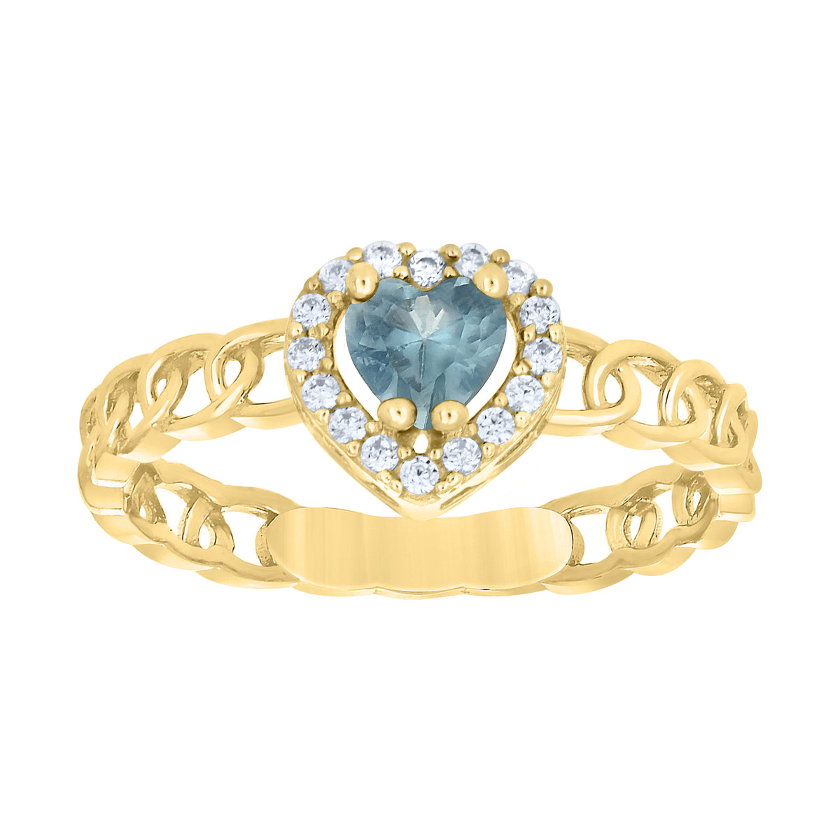 10K Yellow Gold Womens Round Heart White Aquamarine Cubic-Zirconia Fashion Ring