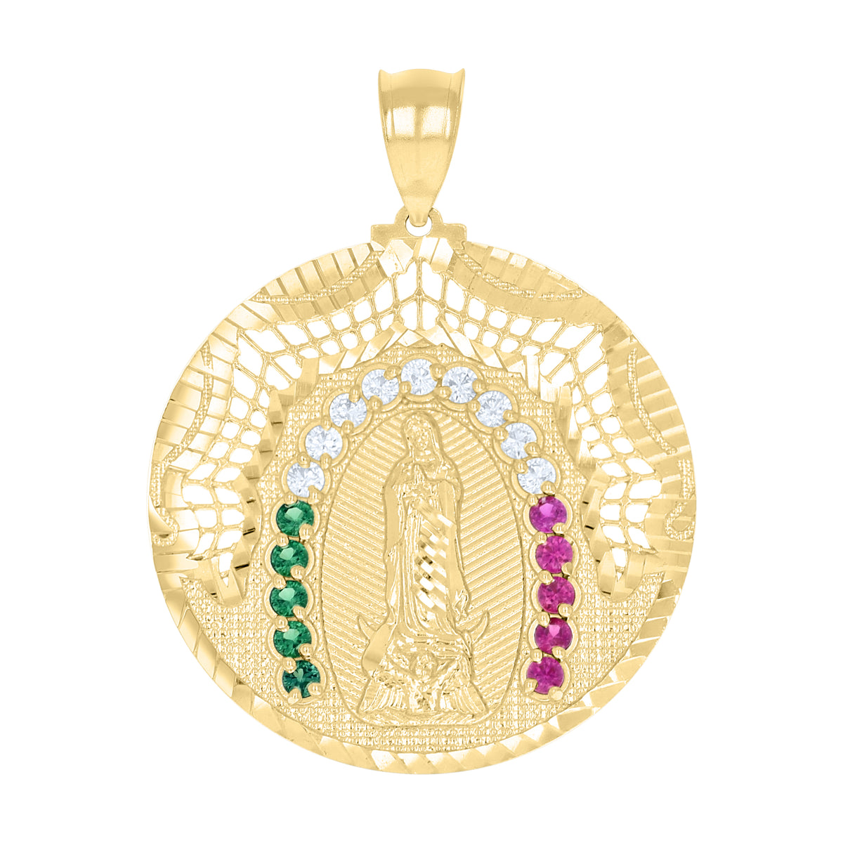 10K Yellow Gold Mens White Purple/Green Cubic-Zirconia Guadalupe Religious Pendant
