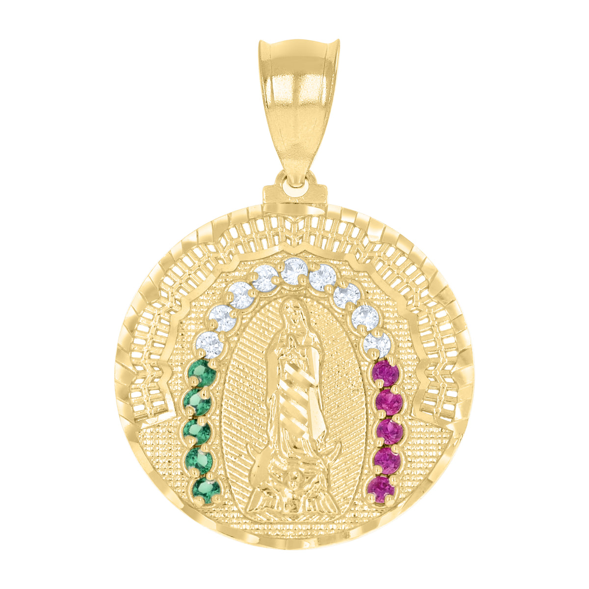 10K Yellow Gold Mens White Purple/Green Cubic-Zirconia Guadalupe Religious Pendant