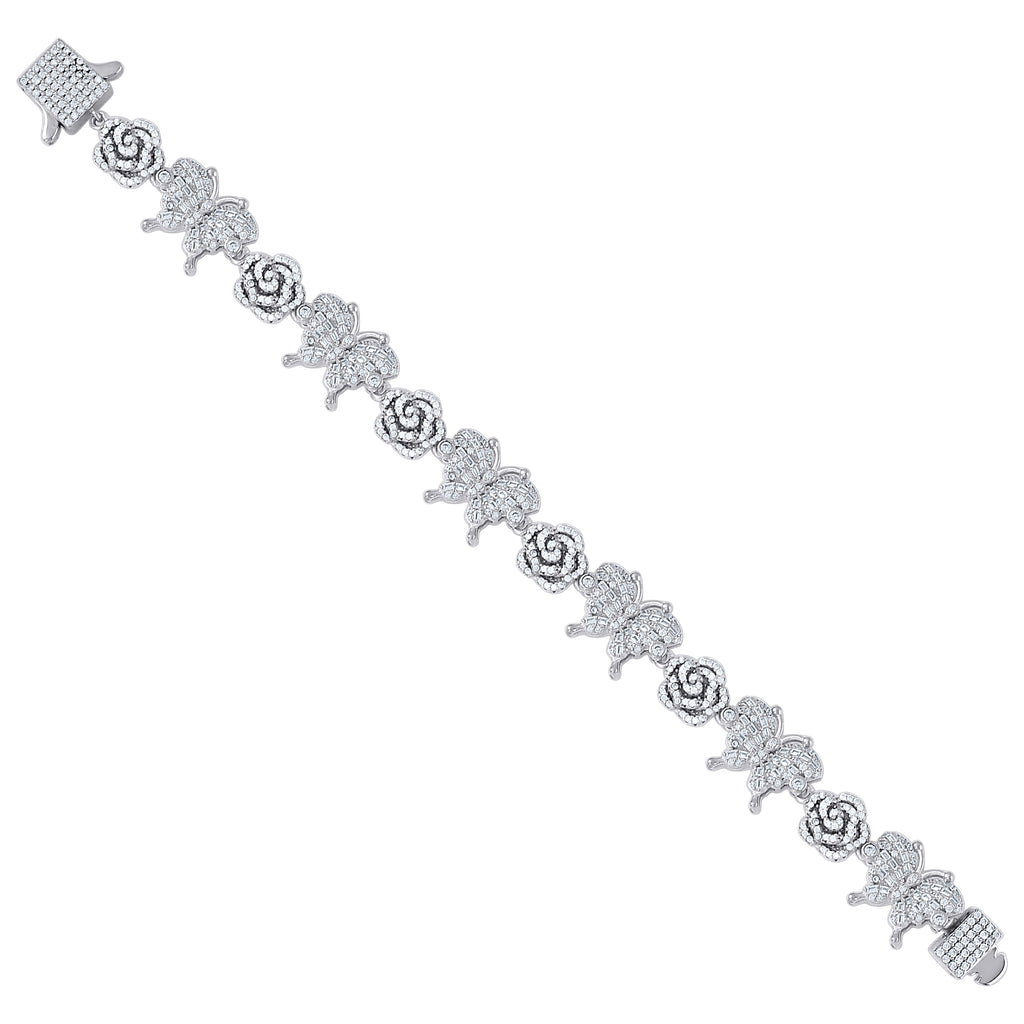 925 Sterling Silver Womens Baguette Round  3.39ct, 2.45ct  Moissanite Flower Butterfly Charm Bracelet 7.5 Inches